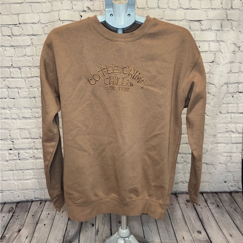 Crime Junkie merch - coffee crime and chills Brown Crewneck Sweater
